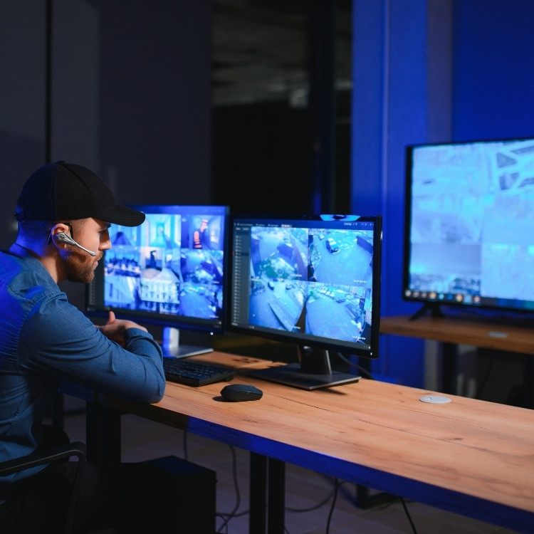 Security operator monitoring surveillance screens