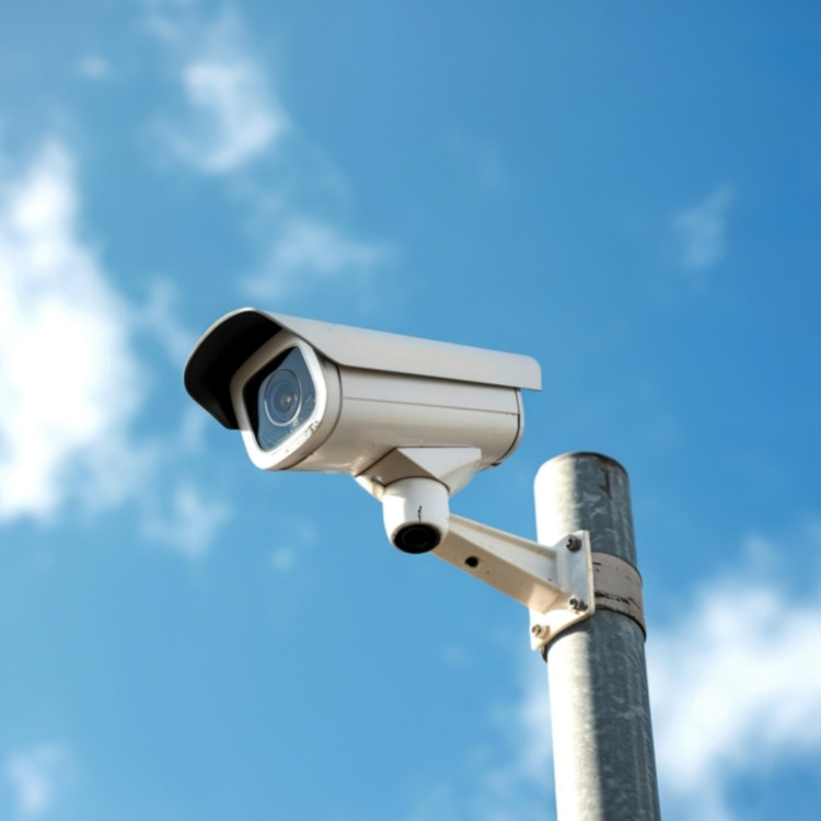 Security camera on pole against blue sky