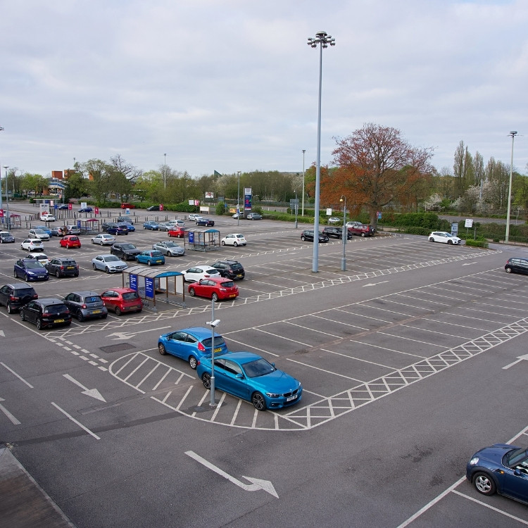 Aerial view of parking lot with security coverage